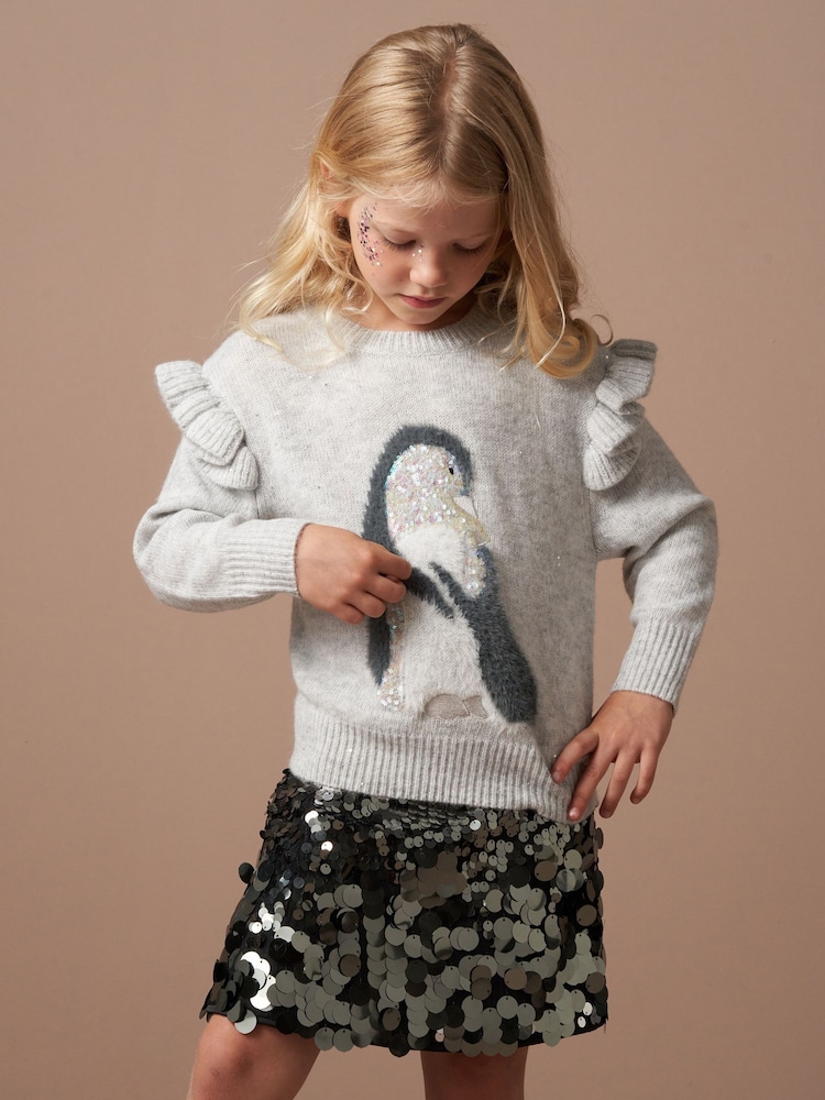 Angel & Rocket Grey Sequin Peggy Penguin Christmas Jumper - Image 4 of 9