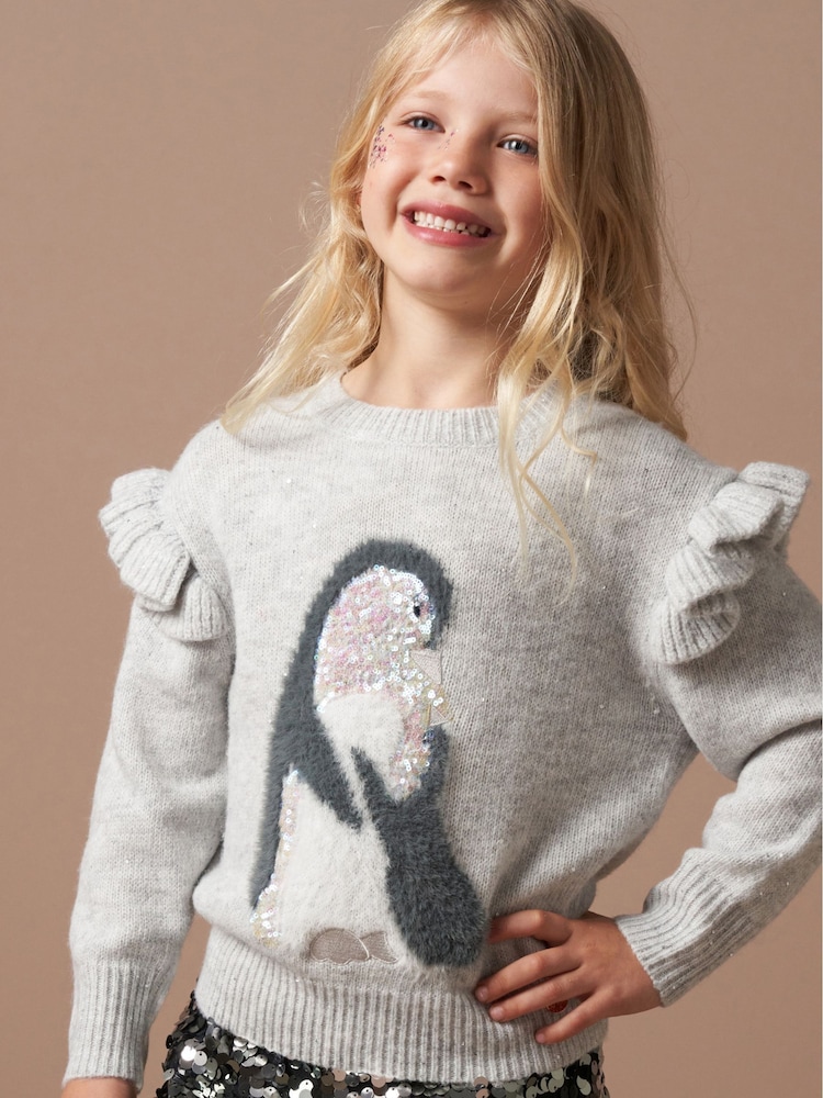 Angel & Rocket Grey Sequin Peggy Penguin Christmas Jumper - Image 5 of 9