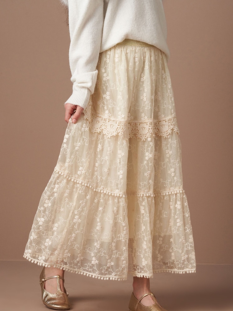 Angel & Rocket Natural Anya Lace Mesh Midi Skirt - Image 1 of 7