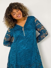 Roman Green Curve Zip Front Lace Stretch Top - Image 1 of 5