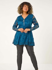 Roman Green Curve Zip Front Lace Stretch Top - Image 2 of 5