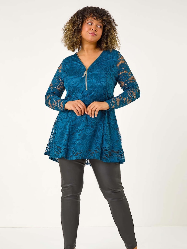 Roman Green Curve Zip Front Lace Stretch Top - Image 2 of 5