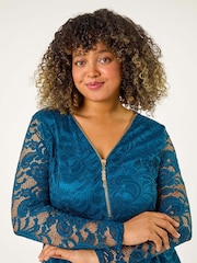 Roman Green Curve Zip Front Lace Stretch Top - Image 4 of 5