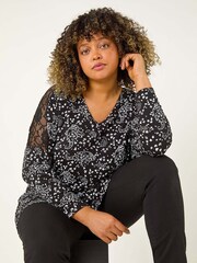 Roman Black Curve Lace Shoulder Paisley Top - Image 1 of 1