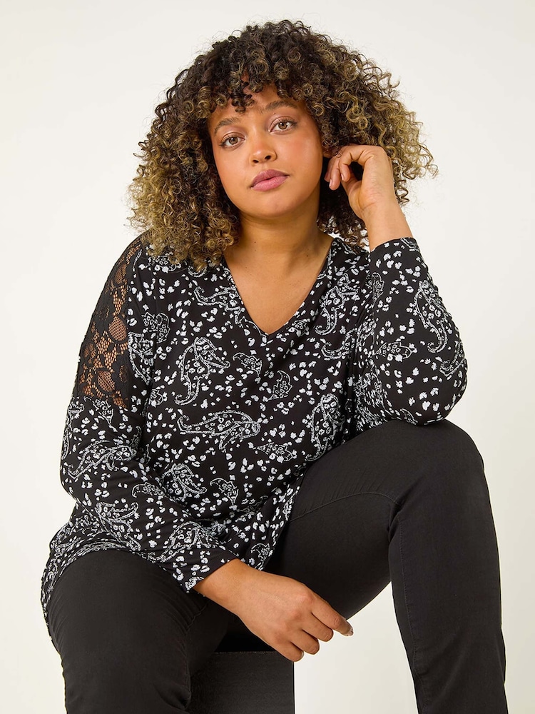 Roman Black Curve Lace Shoulder Paisley Top - Image 1 of 1