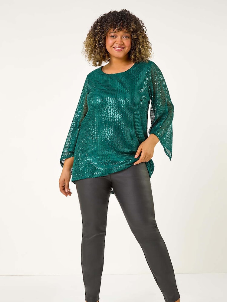 Roman Green Curve Sheer Sleeve Sequin Top - Image 2 of 5 Roman Green Curve Sheer Sleeve Sequin Top - Image 2 of 5