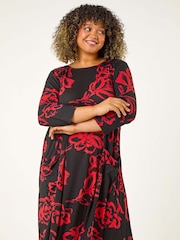 Roman Red Curve Floral Print Pocket Swing Dress - Image 1 of 5