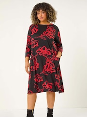 Roman Red Curve Floral Print Pocket Swing Dress - Image 2 of 5