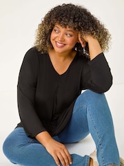 Roman Black Curve V-Neck Pleat Tunic Top - Image 1 of 5