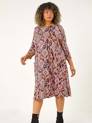 Roman Brown Curve Print Pocket Swing Dress - Image 1 of 5