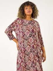 Roman Brown Curve Print Pocket Swing Dress - Image 2 of 5