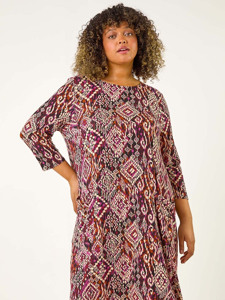 Roman Brown Curve Print Pocket Swing Dress - Image 2 of 5