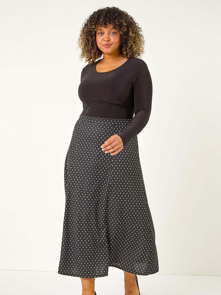 Roman Grey Curve Spot Print Stretch Midi Skirt - Image 2 of 5