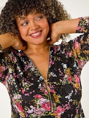 Roman Pink Curve Floral Print V-Neck Zip Front Top - Image 1 of 5