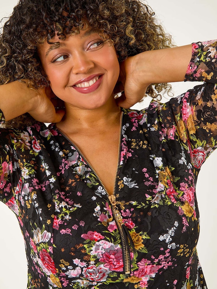 Roman Pink Curve Floral Print V-Neck Zip Front Top - Image 1 of 5