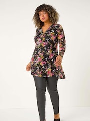 Roman Pink Curve Floral Print V-Neck Zip Front Top - Image 2 of 5