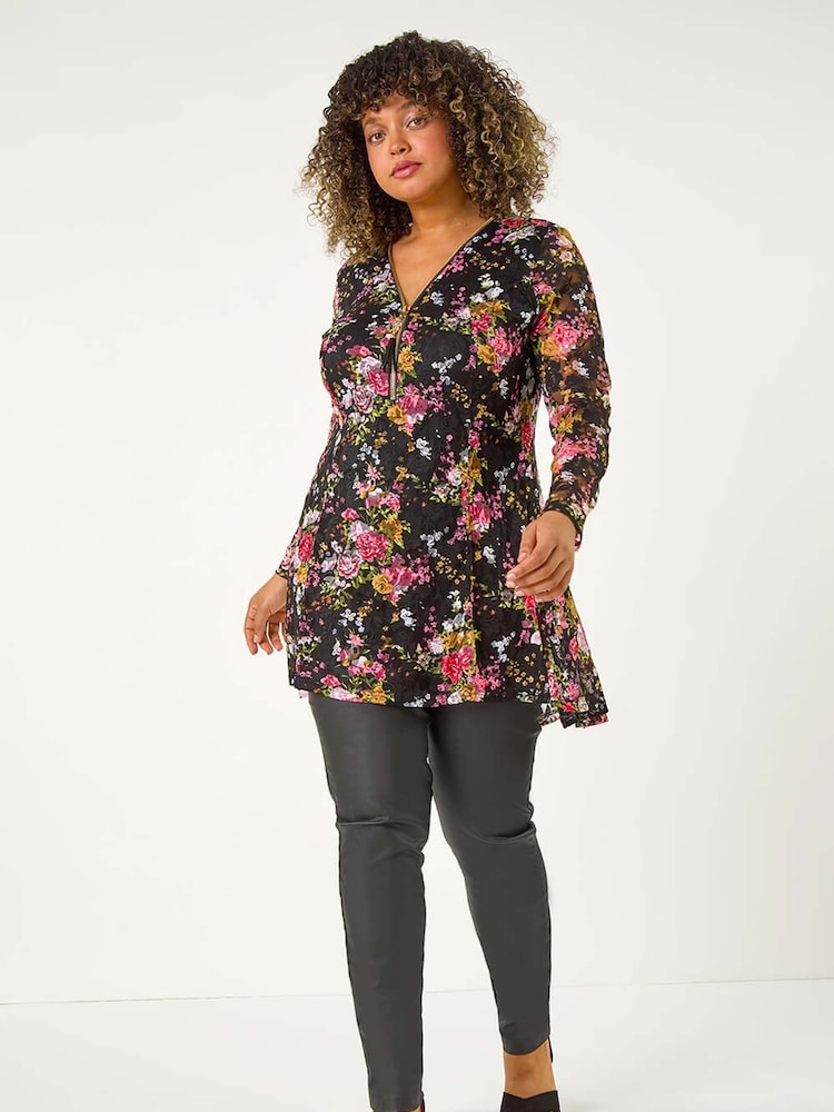 Roman Pink Curve Floral Print V-Neck Zip Front Top - Image 2 of 5