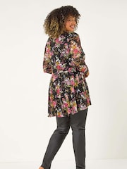 Roman Pink Curve Floral Print V-Neck Zip Front Top - Image 3 of 5