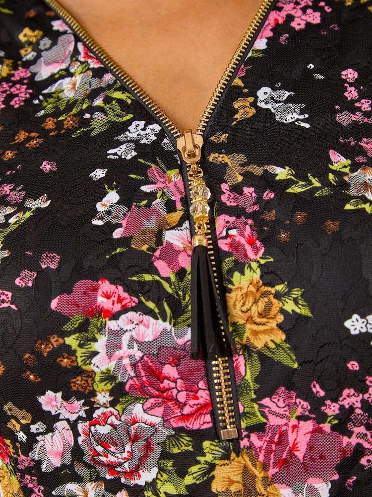 Roman Pink Curve Floral Print V-Neck Zip Front Top - Image 5 of 5