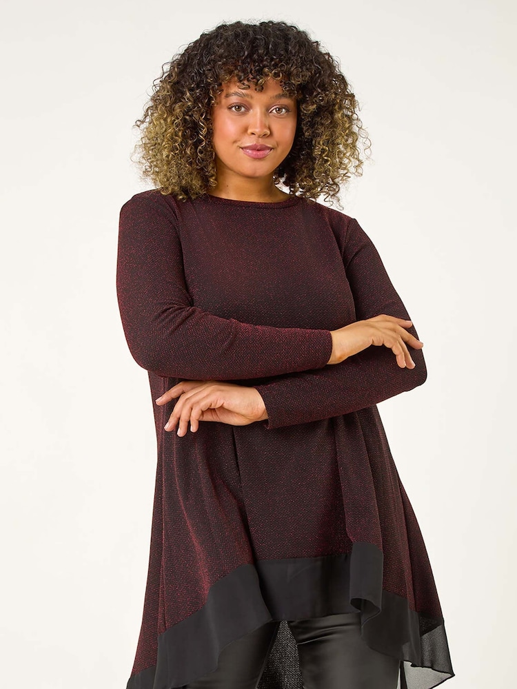 Roman Red Curve Glitter Chiffon Hem Tunic Top - Image 1 of 5