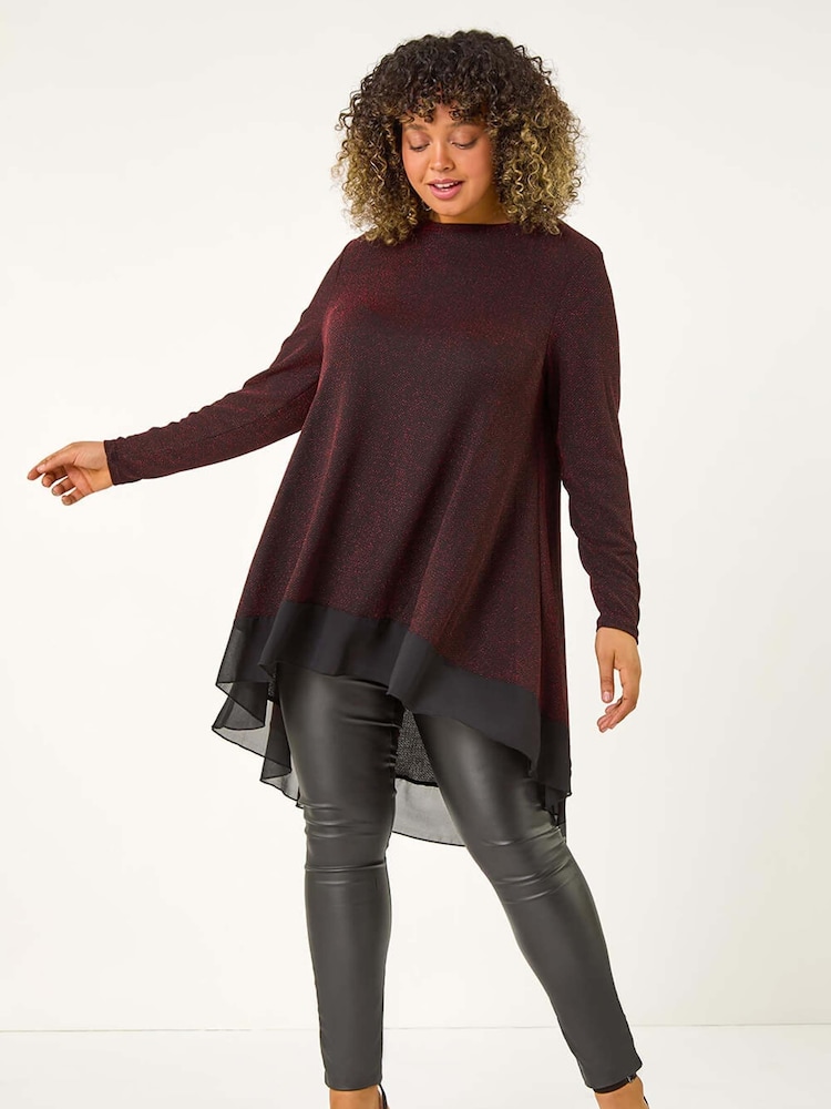 Roman Red Curve Glitter Chiffon Hem Tunic Top - Image 2 of 5