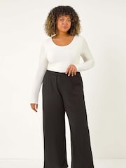 Roman Black Curve Textured Elastic Waist Wide Leg Trousers - Image 1 of 5