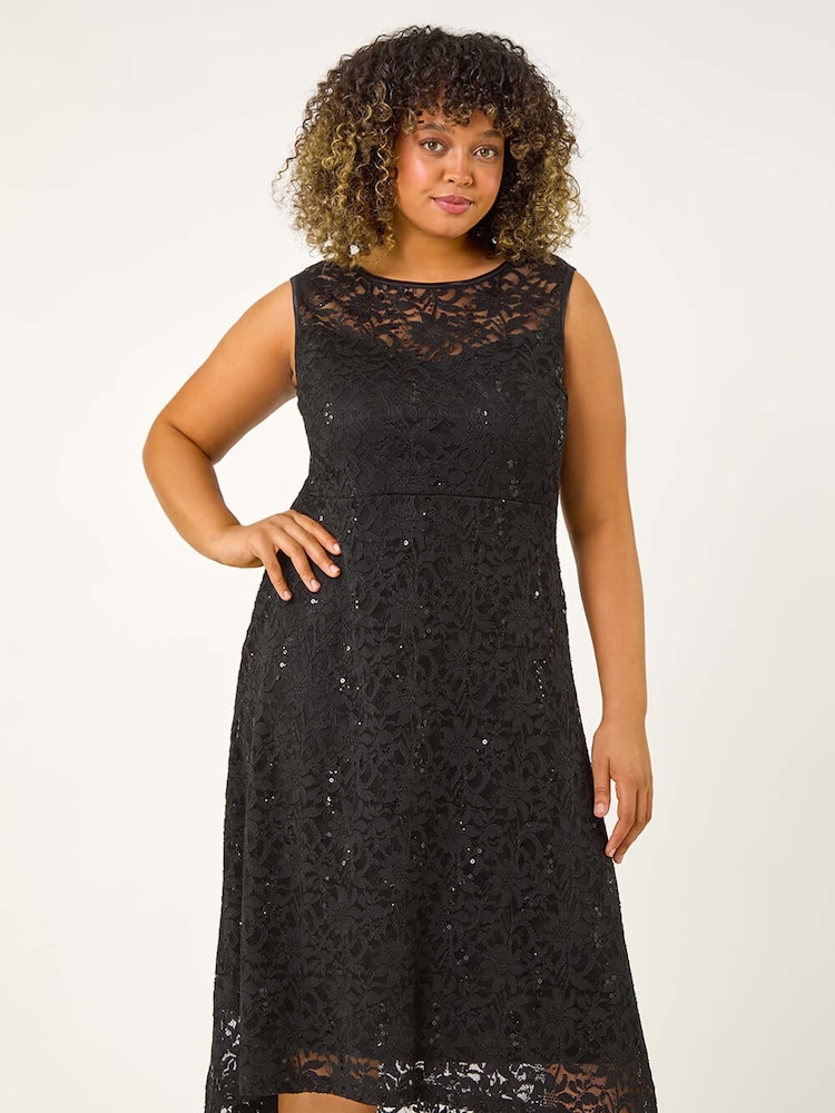 Roman Black Curve Sequin Lace Sweetheart Dress - Image 2 of 5
