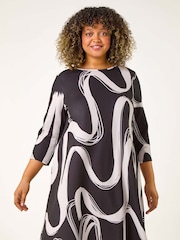 Roman Black Curve Brush Print Stretch Swing Dress - Image 2 of 5