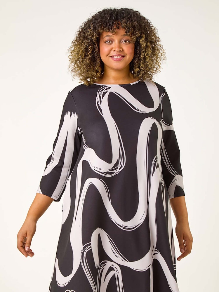 Roman Black Curve Brush Print Stretch Swing Dress - Image 2 of 5