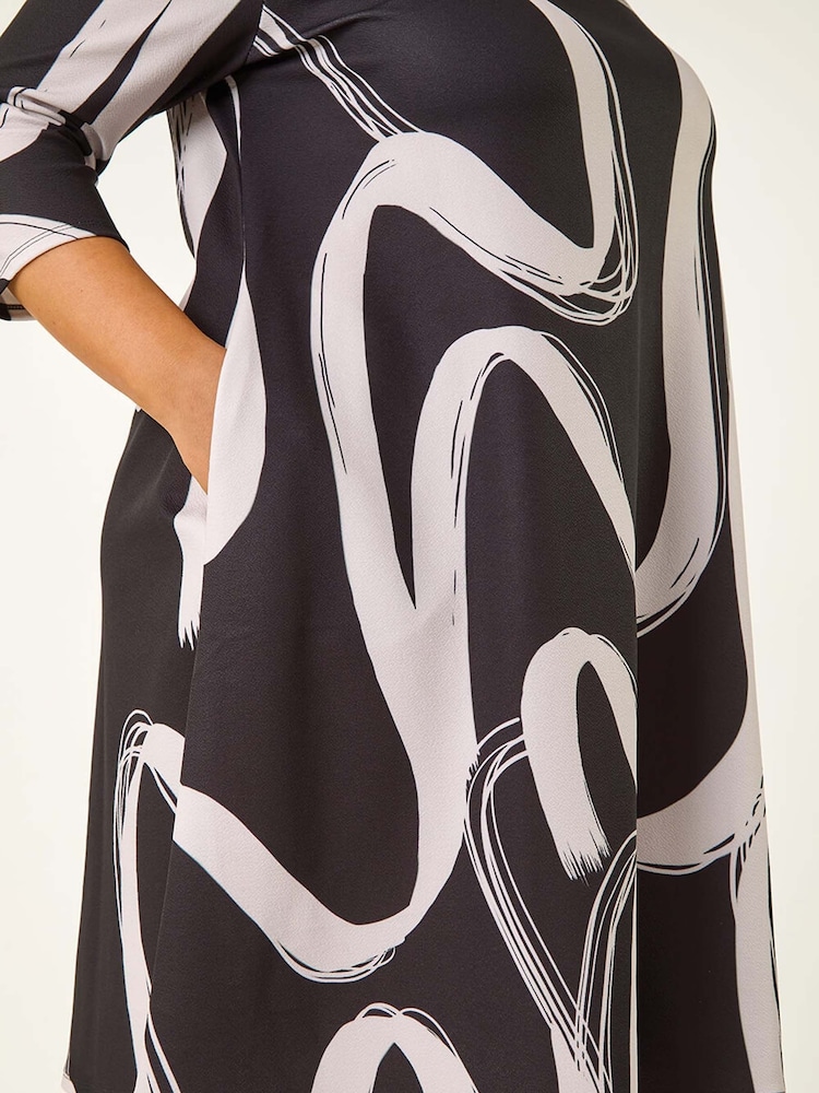 Roman Black Curve Brush Print Stretch Swing Dress - Image 5 of 5