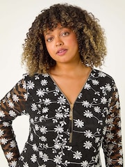 Roman Black Curve Floral Print V-Neck Zip Front Top - Image 1 of 5