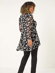 Roman Black Curve Floral Print V-Neck Zip Front Top - Image 3 of 5