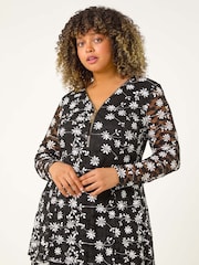 Roman Black Curve Floral Print V-Neck Zip Front Top - Image 4 of 5