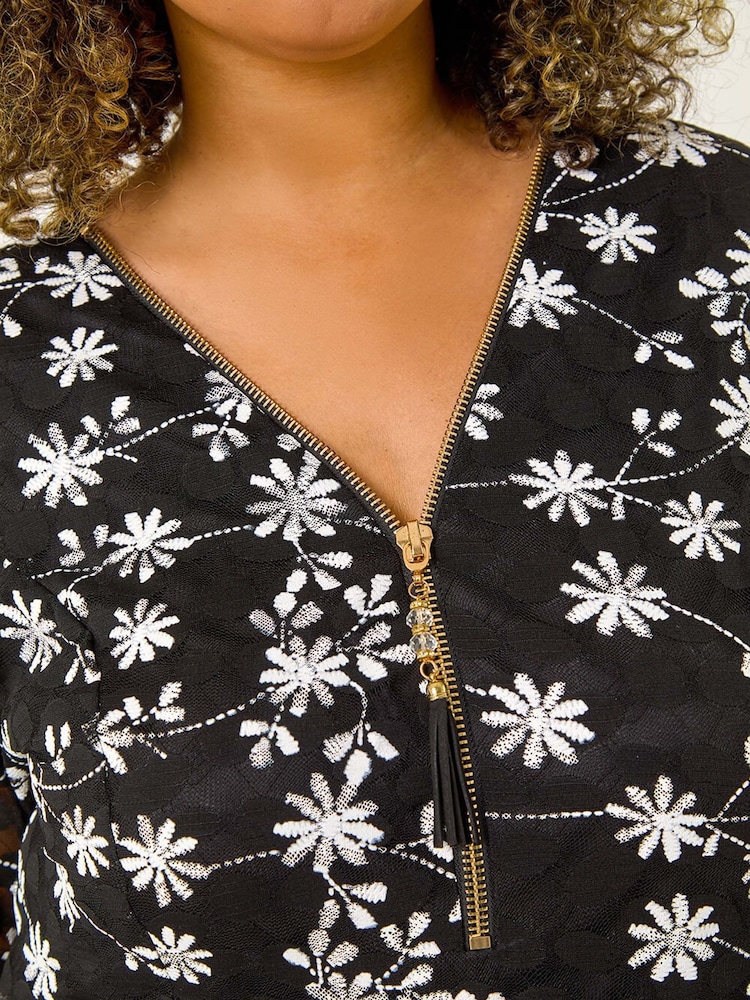 Roman Black Curve Floral Print V-Neck Zip Front Top - Image 5 of 5