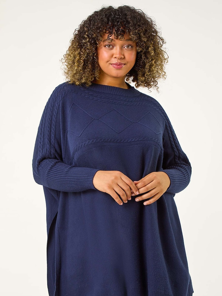 Roman Blue Curve Cable Knit Poncho - Image 2 of 5