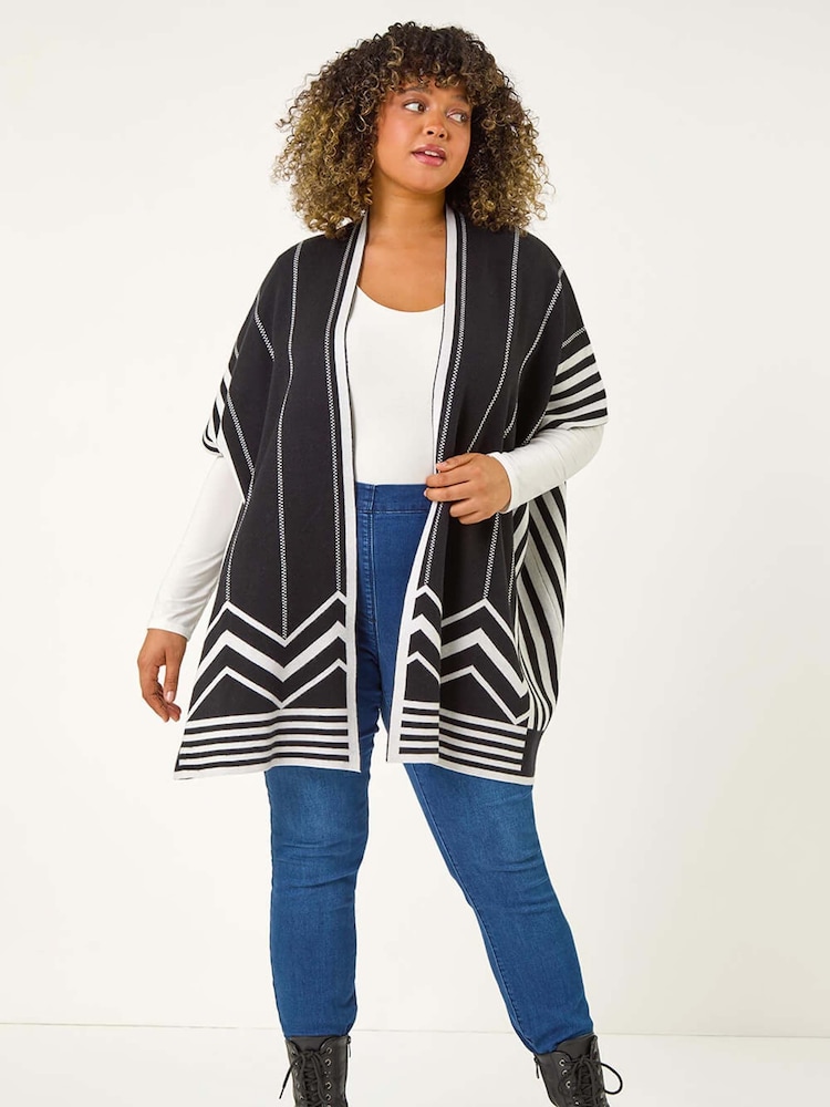 Roman Black Curve Stripe Hem Poncho - Image 2 of 5