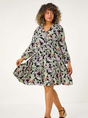Roman Black Curve Tropical Leaf Print Wrap Dress - Image 2 of 5