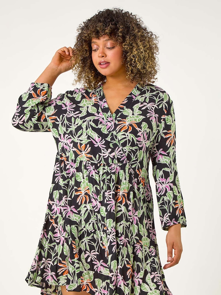 Roman Black Curve Tropical Leaf Print Wrap Dress - Image 4 of 5