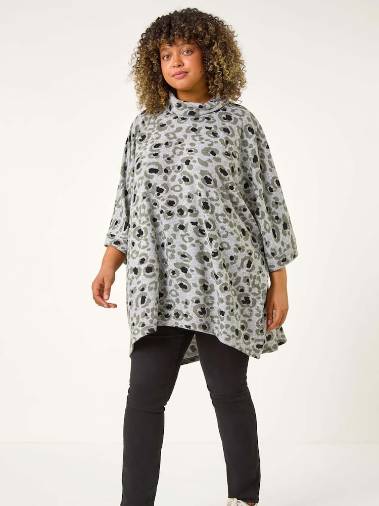 Roman Grey Curve Animal Print Roll Neck Top - Image 2 of 5