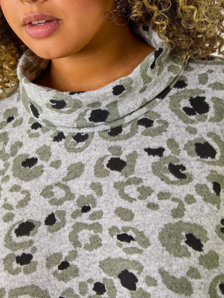 Roman Grey Curve Animal Print Roll Neck Top - Image 5 of 5