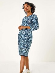 Roman Blue Petite Print Pocket Detail Stretch Dress - Image 2 of 5