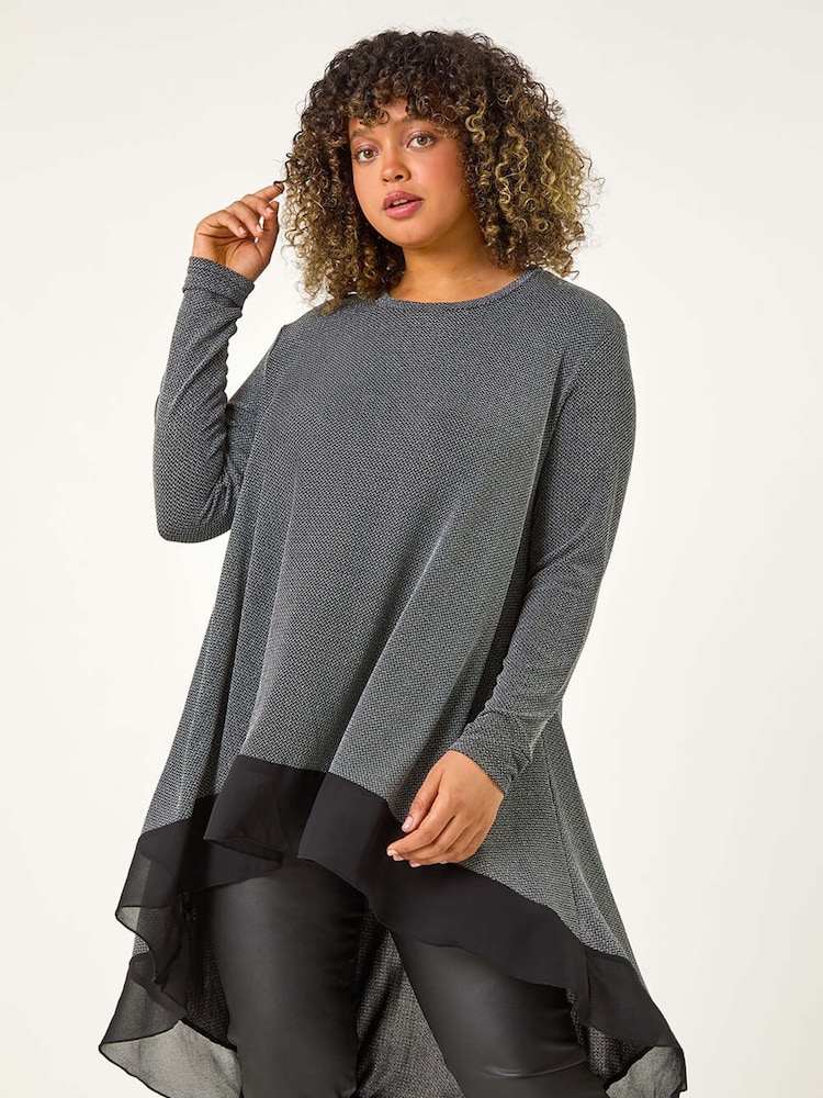 Roman Metallic Curve Glitter Chiffon Hem Tunic Top - Image 1 of 5