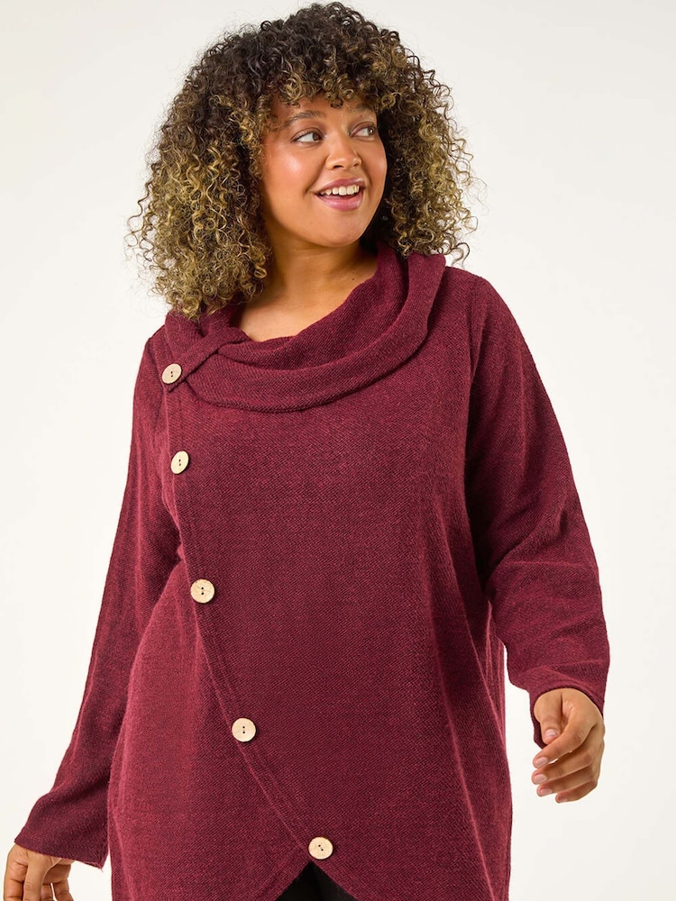 Roman Red Curve Cowl Neck Button Wrap Top - Image 1 of 5 Roman Red Curve Cowl Neck Button Wrap Top - Image 1 of 5