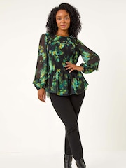 Roman Green Petite Frill Sleeve Pleat Front Top - Image 1 of 5