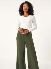 Roman Green Petite Elastic Waist Wide Leg Stretch Trousers - Image 2 of 5
