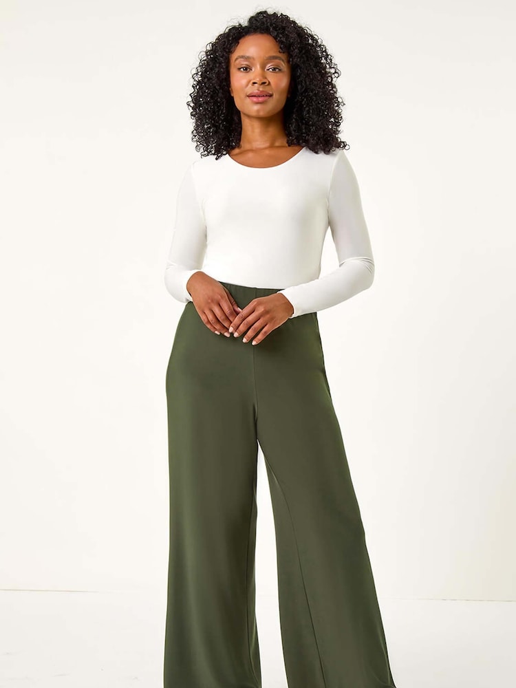 Roman Green Petite Elastic Waist Wide Leg Stretch Trousers - Image 2 of 5