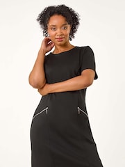Roman Black Petite Zip Detail Pocket Shift Dress - Image 1 of 5