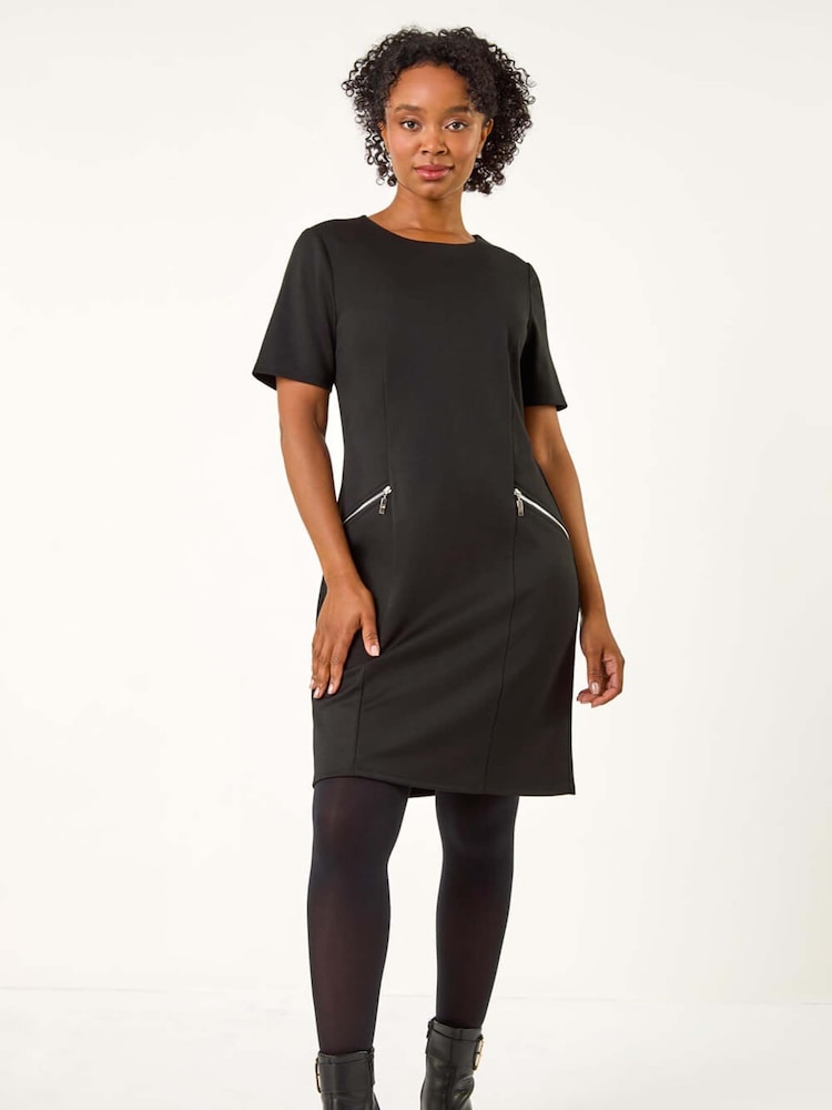 Roman Black Petite Zip Detail Pocket Shift Dress - Image 2 of 5