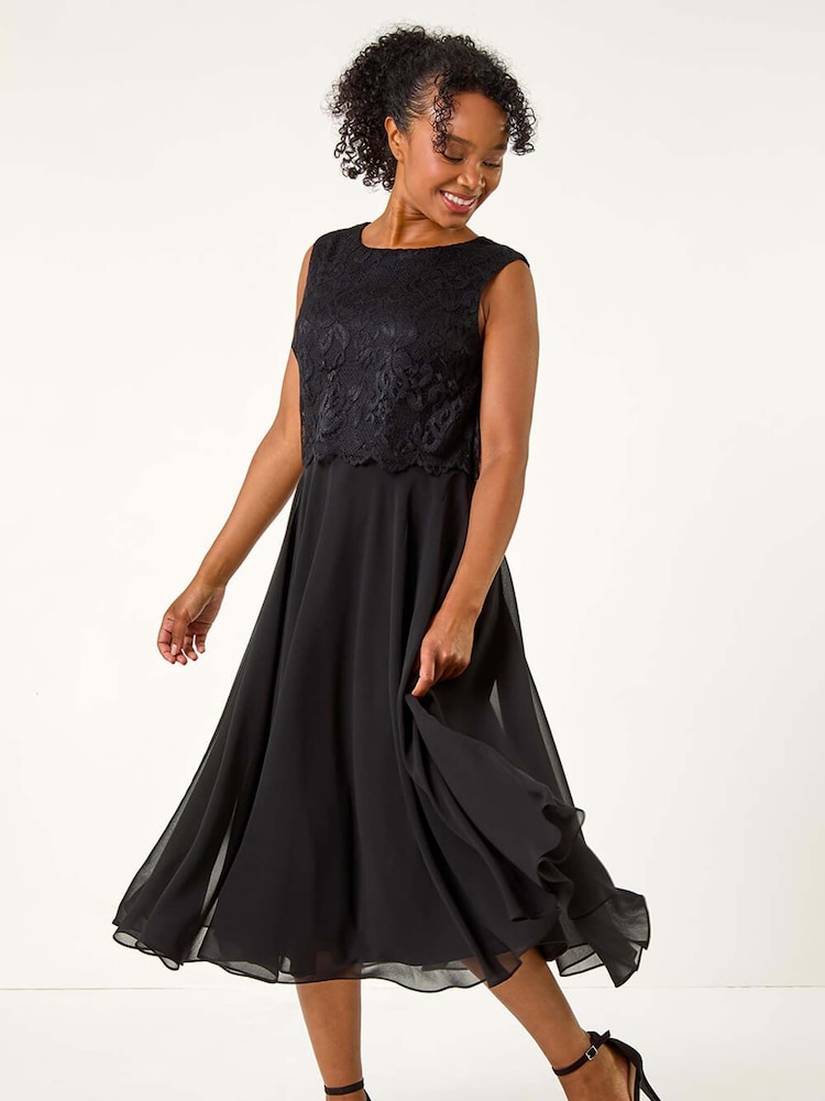 Roman Black Petite Lace Overlay Midi Dress - Image 1 of 5