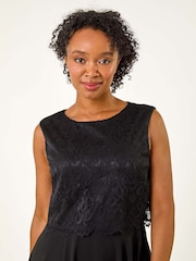 Roman Black Petite Lace Overlay Midi Dress - Image 4 of 5
